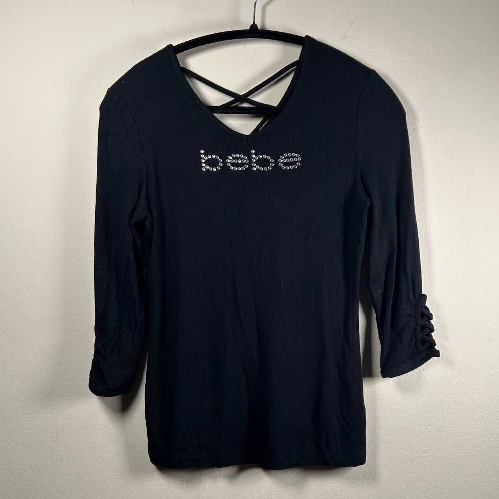 Bebe Ribbed Knit Top Womens Medium Black Y2K Rhinestone Logo Strappy V-Neck